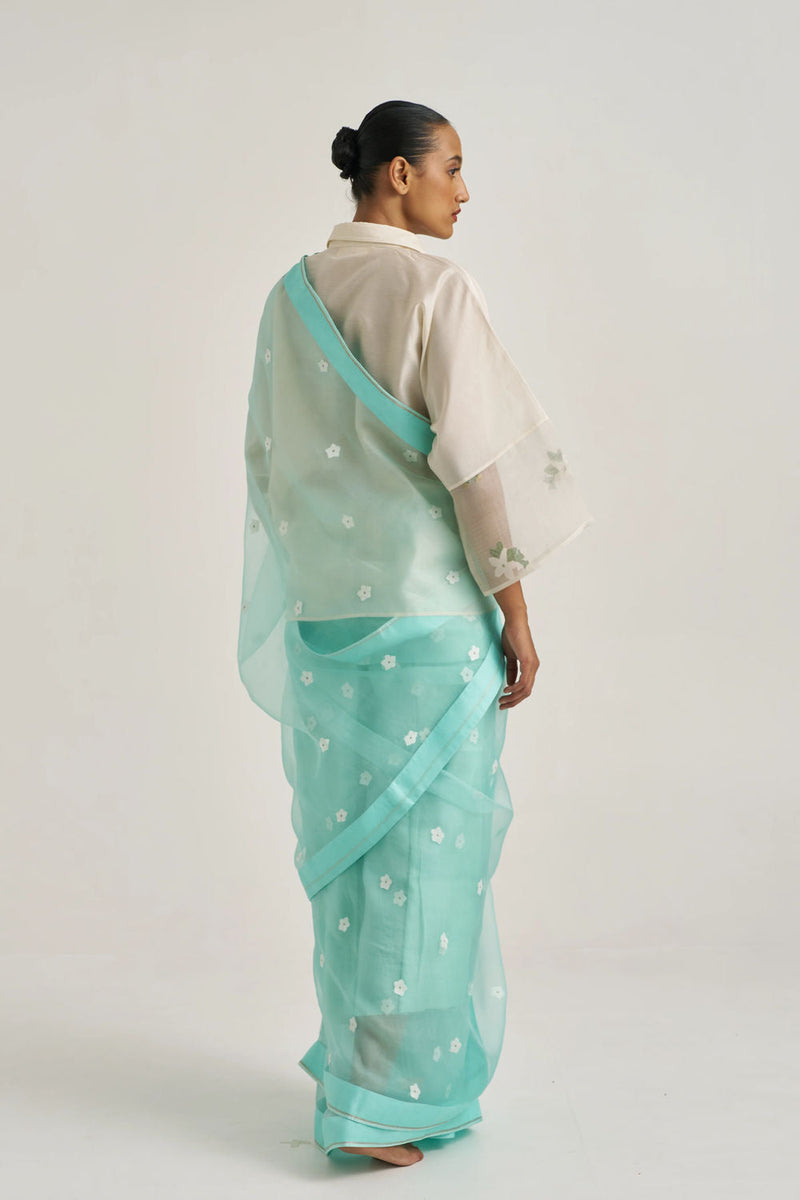 Femmora Sari-Blue handwoven organza silk by Suparna Som in blue for women in Singapore