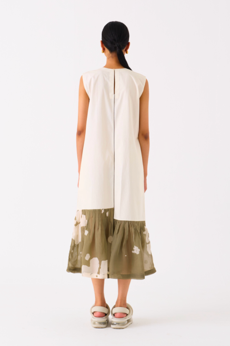 FLORAL PANELLED DRESS-IVORY/OLIVE poplin by THREE in olive color for women in Singapore