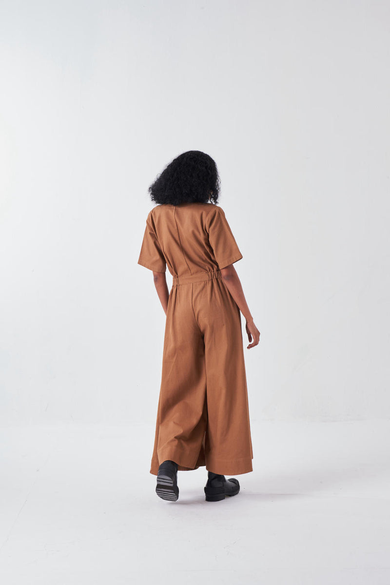 SIDE ELASTIC WAIST JUMPSUIT-SAND twill by THREE for women in Singapore
