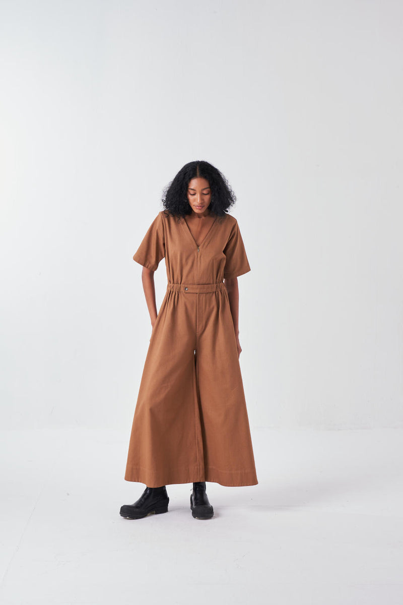 SIDE ELASTIC WAIST JUMPSUIT-SAND twill by THREE for women in Singapore