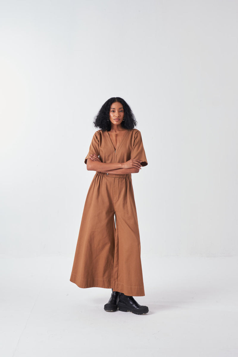 SIDE ELASTIC WAIST JUMPSUIT-SAND twill by THREE for women in Singapore