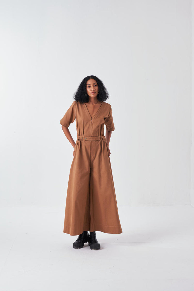 SIDE ELASTIC WAIST JUMPSUIT-SAND twill by THREE for women in Singapore