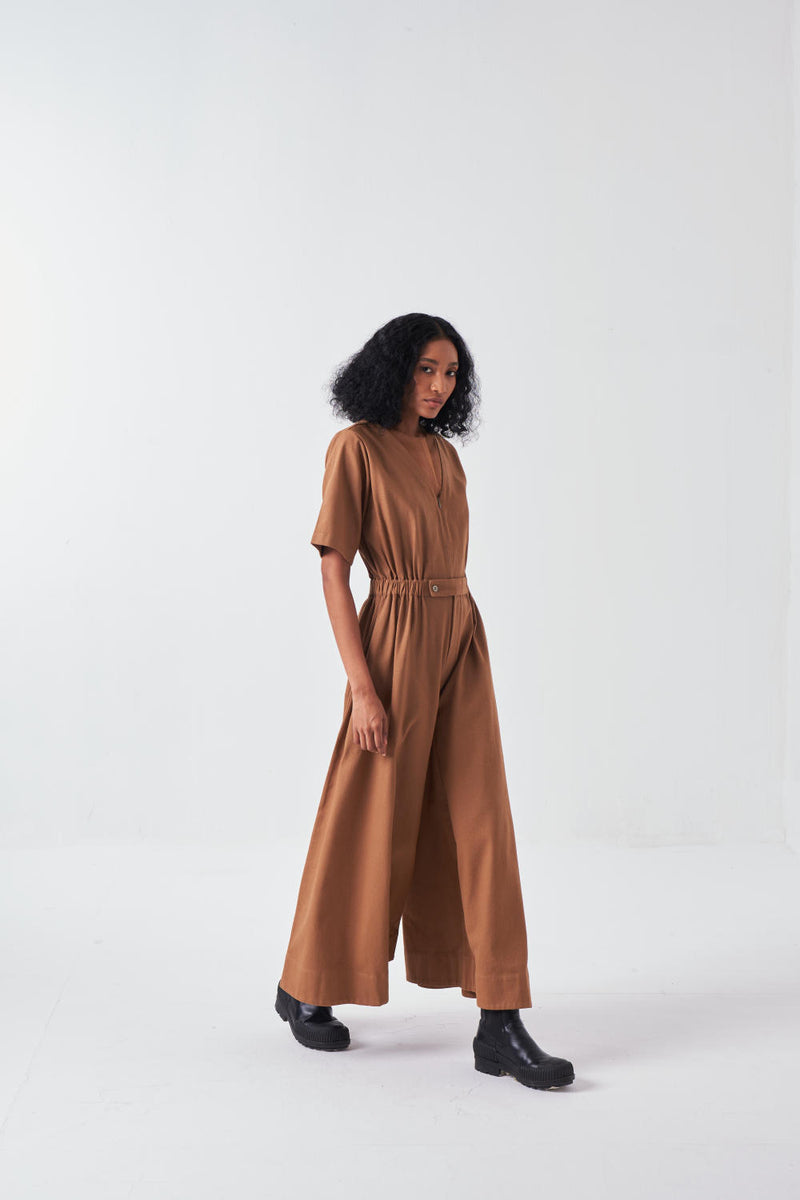 SIDE ELASTIC WAIST JUMPSUIT-SAND twill by THREE for women in Singapore