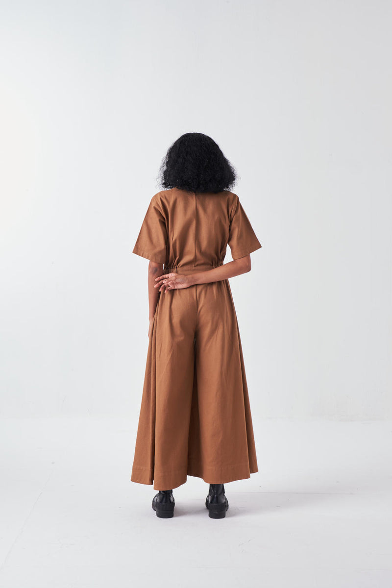 SIDE ELASTIC WAIST JUMPSUIT-SAND twill by THREE for women in Singapore