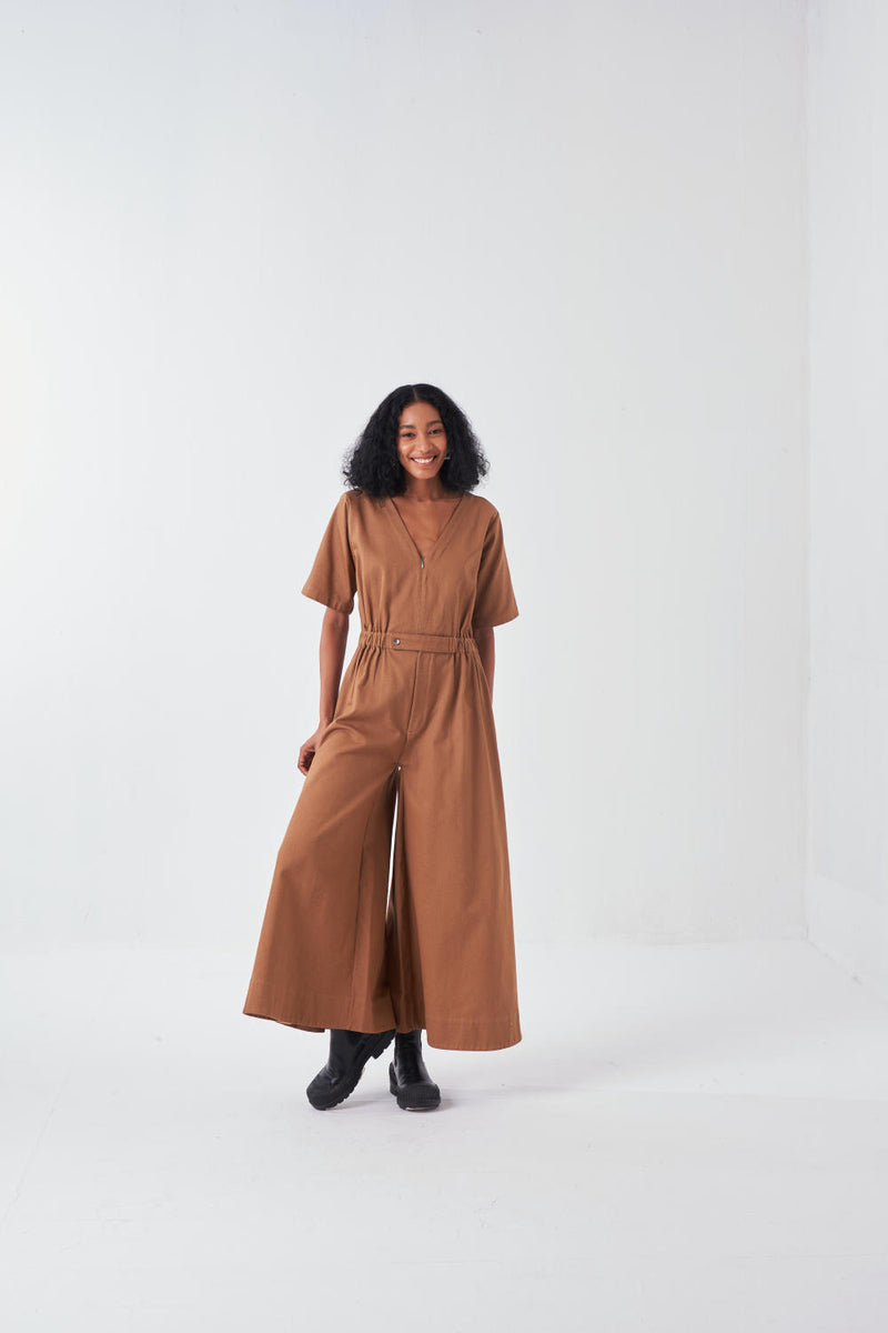 SIDE ELASTIC WAIST JUMPSUIT-SAND twill by THREE for women in Singapore