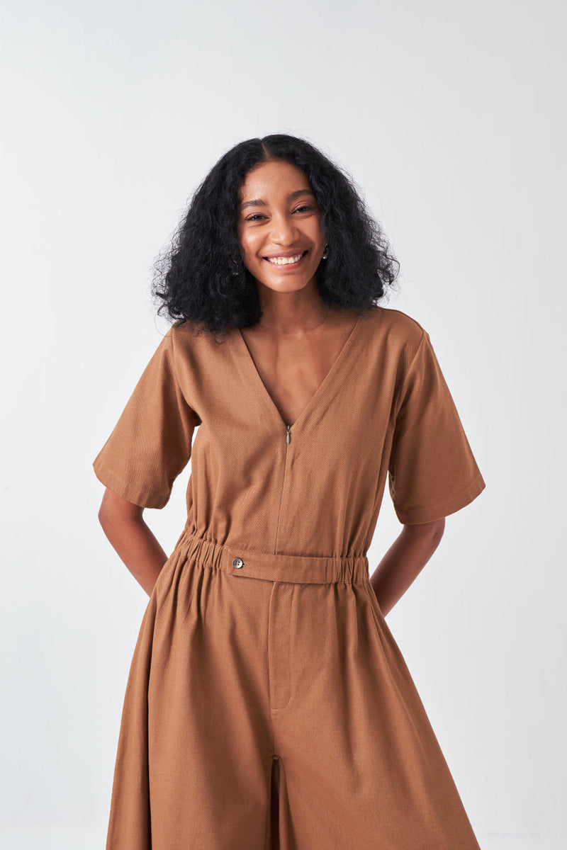 SIDE ELASTIC WAIST JUMPSUIT-SAND twill by THREE for women in Singapore