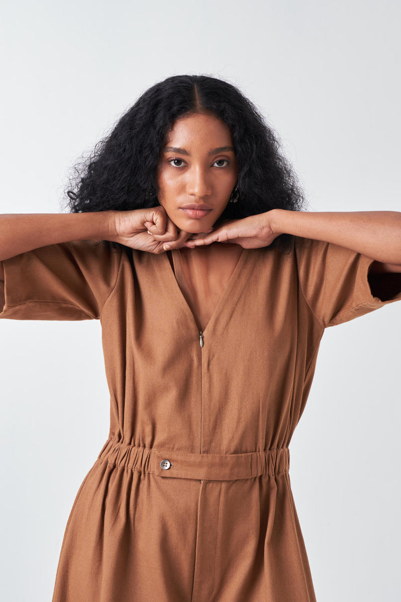 SIDE ELASTIC WAIST JUMPSUIT-SAND twill by THREE for women in Singapore