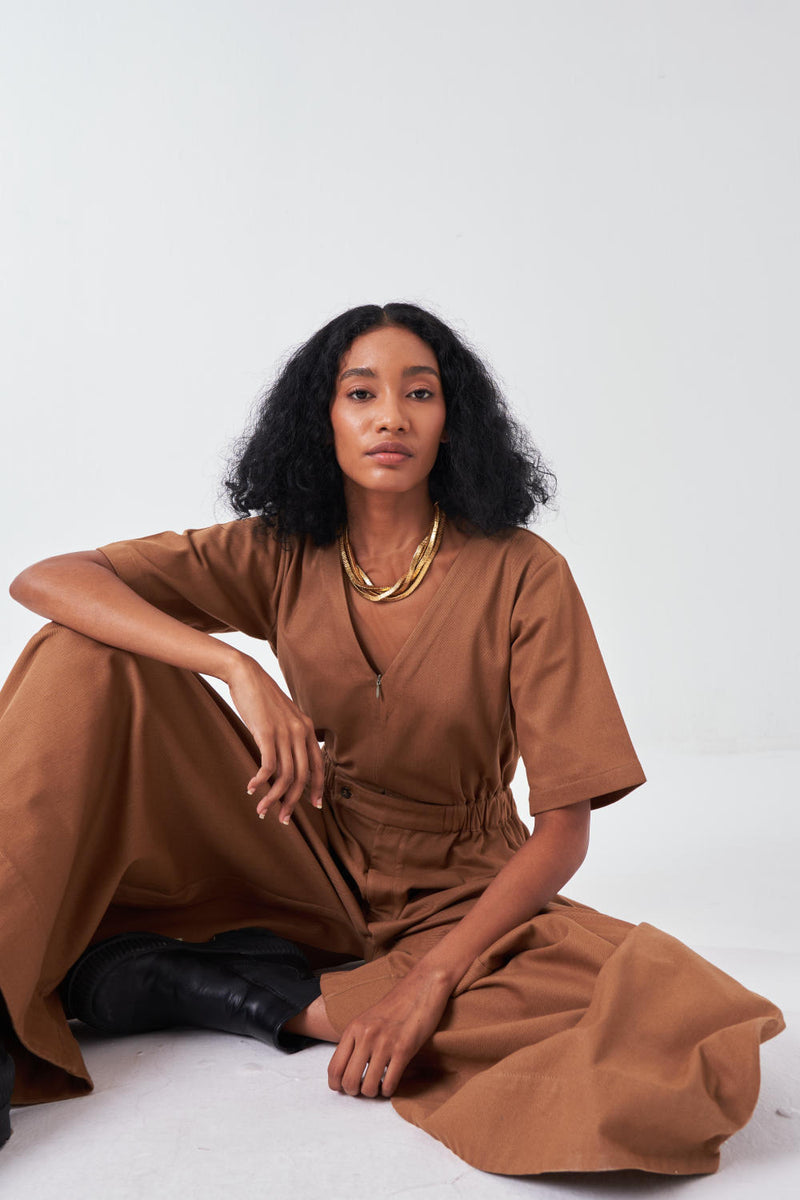 SIDE ELASTIC WAIST JUMPSUIT-SAND twill by THREE for women in Singapore