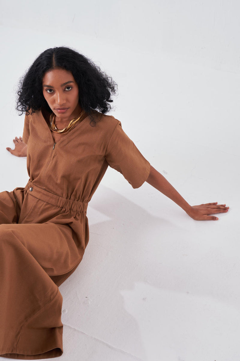 SIDE ELASTIC WAIST JUMPSUIT-SAND twill by THREE for women in Singapore