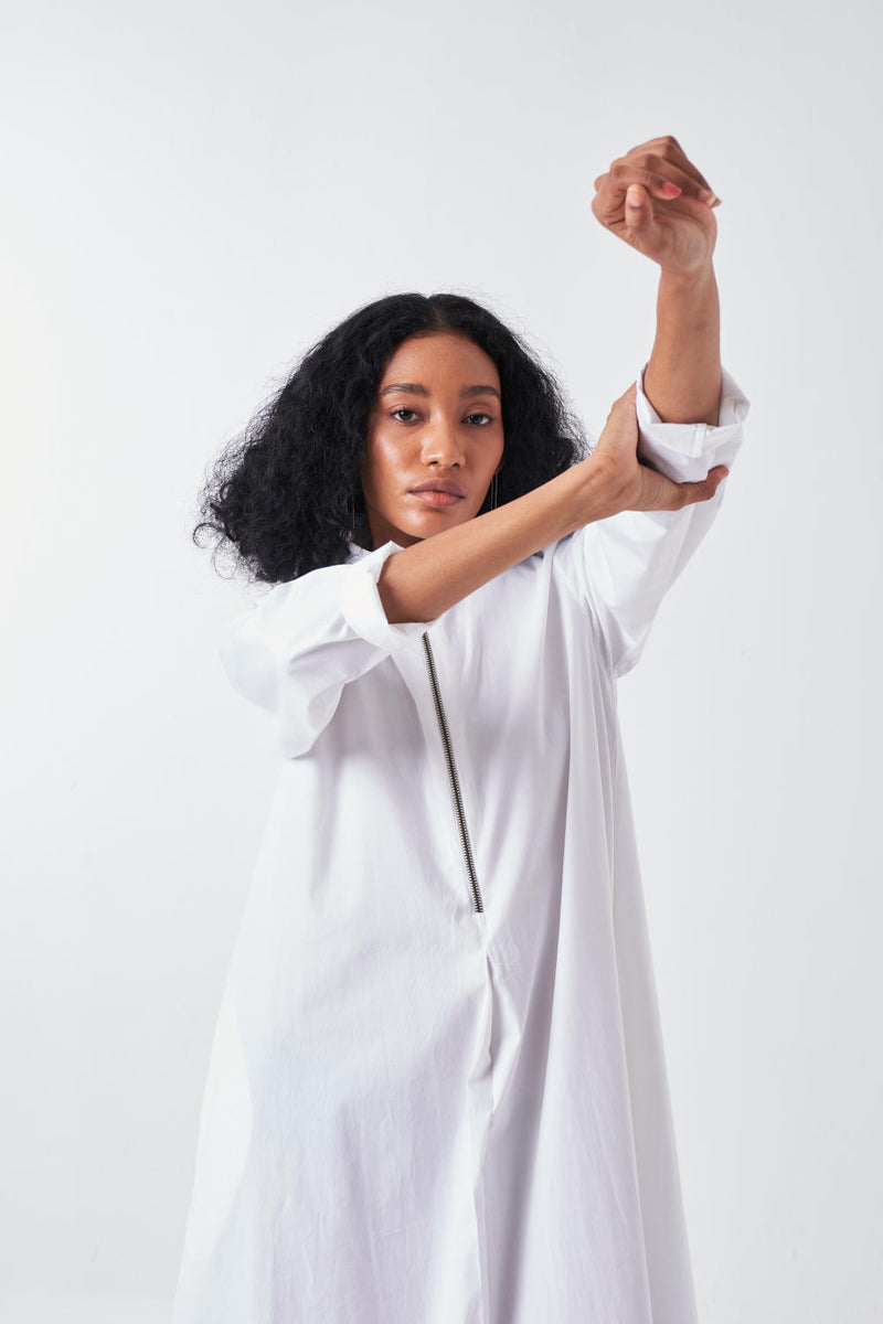 DIP DYE TURTULE NECK DRESS-CEDAR/WHITE poplin by THREE for women in Singapore