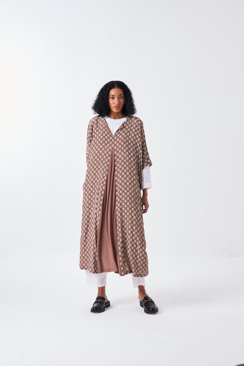 ALL OVER BRICK PRINT KAFTAAN CO-ORD: CEDAR BRICK PRINT & WHITE (SET OF 3) poplin by THREE for women in Singapore