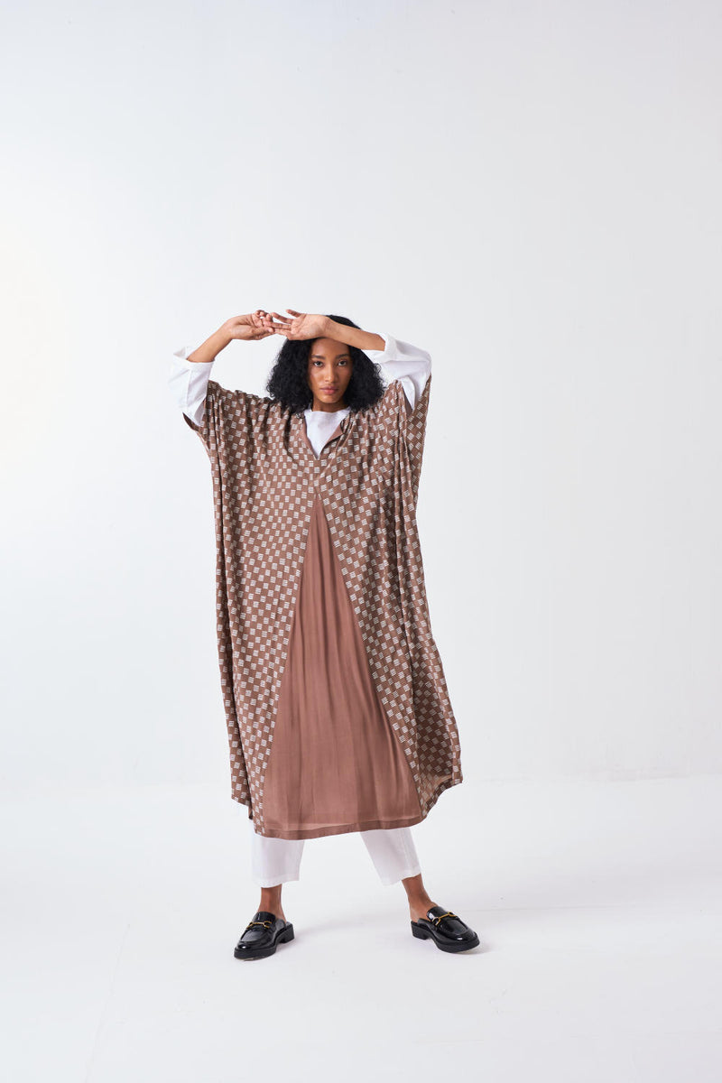 ALL OVER BRICK PRINT KAFTAAN CO-ORD: CEDAR BRICK PRINT & WHITE (SET OF 3) poplin by THREE for women in Singapore