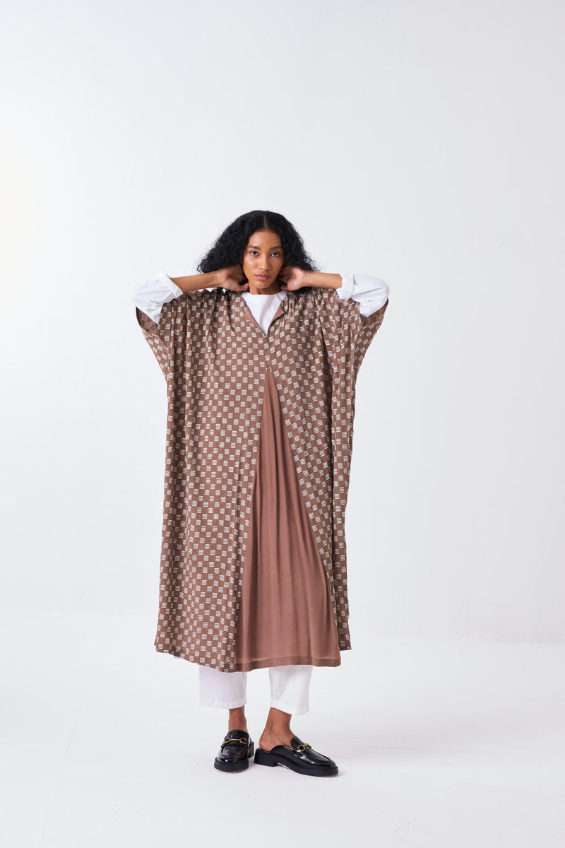 ALL OVER BRICK PRINT KAFTAAN CO-ORD: CEDAR BRICK PRINT & WHITE (SET OF 3) poplin by THREE for women in Singapore