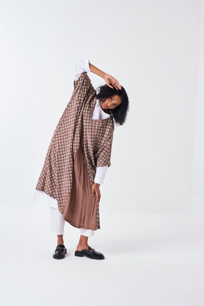 ALL OVER BRICK PRINT KAFTAAN CO-ORD: CEDAR BRICK PRINT & WHITE (SET OF 3) poplin by THREE for women in Singapore