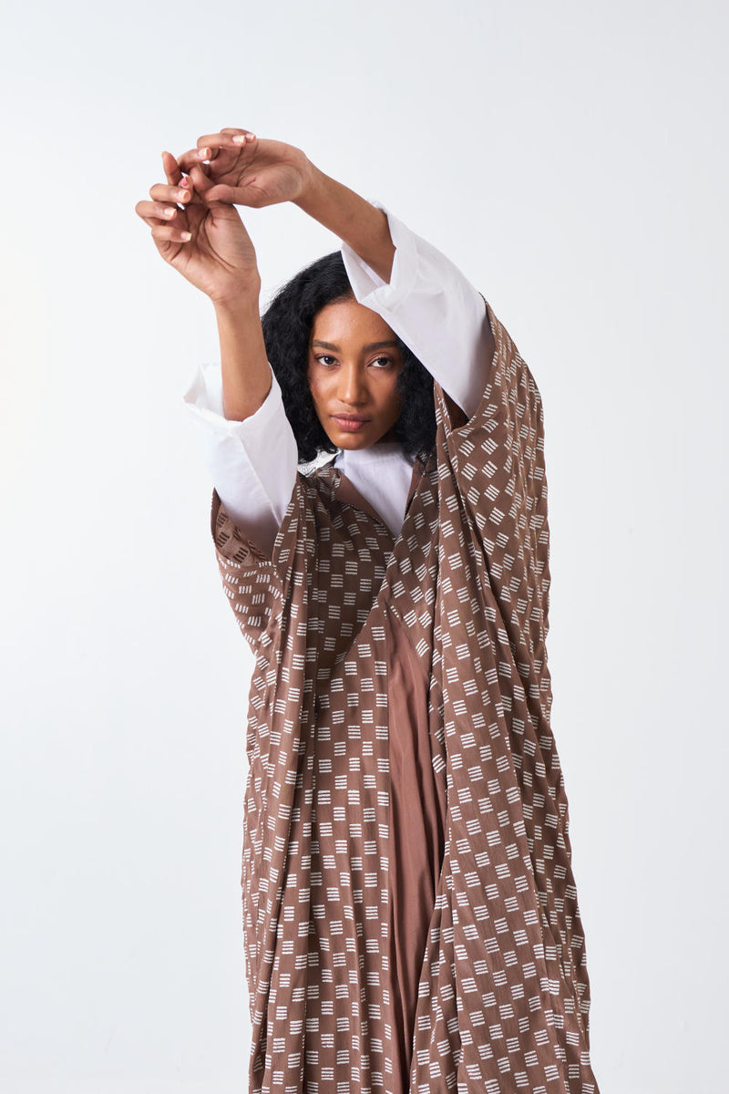 ALL OVER BRICK PRINT KAFTAAN CO-ORD: CEDAR BRICK PRINT & WHITE (SET OF 3) poplin by THREE for women in Singapore