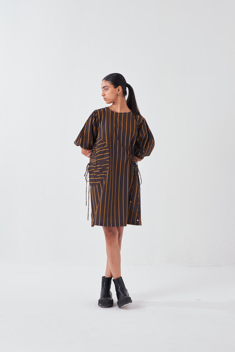 MULTI-DRAWSTRING SHORT DRESS-CHARCOAL STRIPE cotton by THREE for women in Singapore