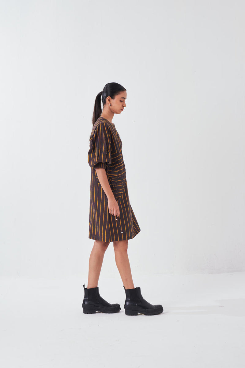 MULTI-DRAWSTRING SHORT DRESS-CHARCOAL STRIPE cotton by THREE for women in Singapore