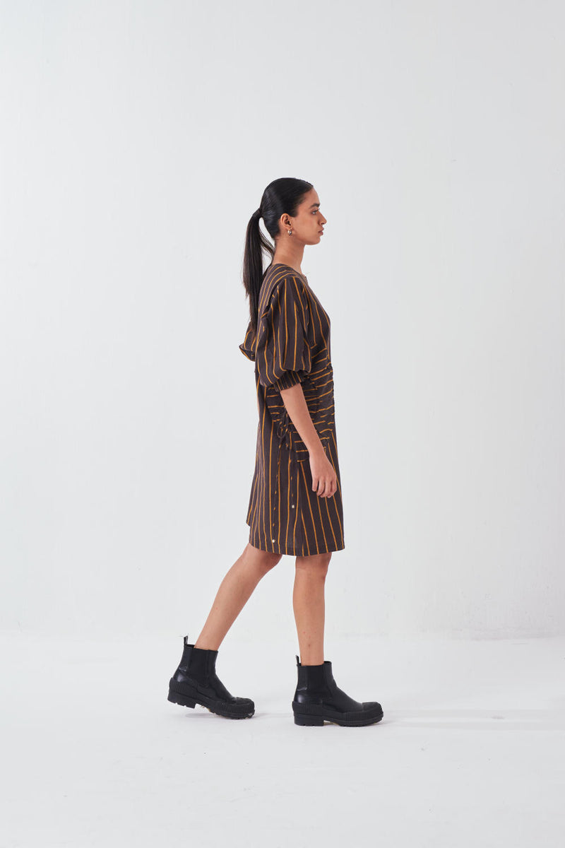 MULTI-DRAWSTRING SHORT DRESS-CHARCOAL STRIPE cotton by THREE for women in Singapore