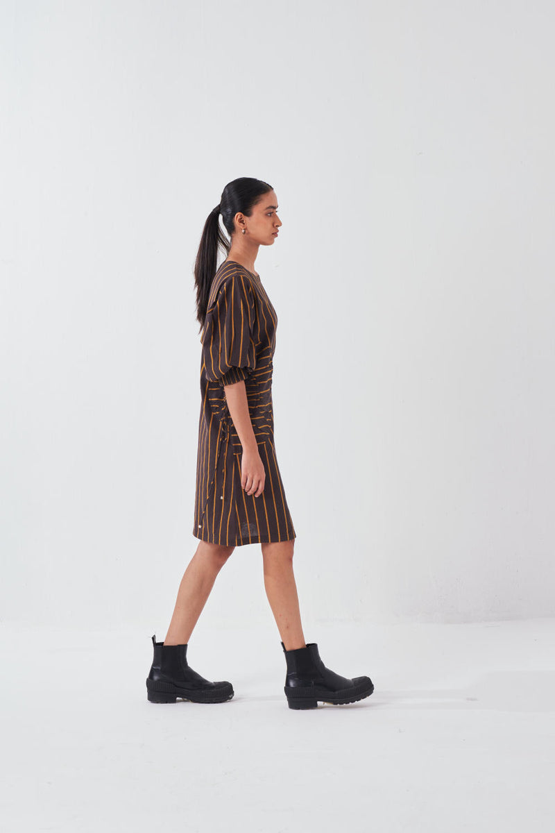 MULTI-DRAWSTRING SHORT DRESS-CHARCOAL STRIPE cotton by THREE for women in Singapore