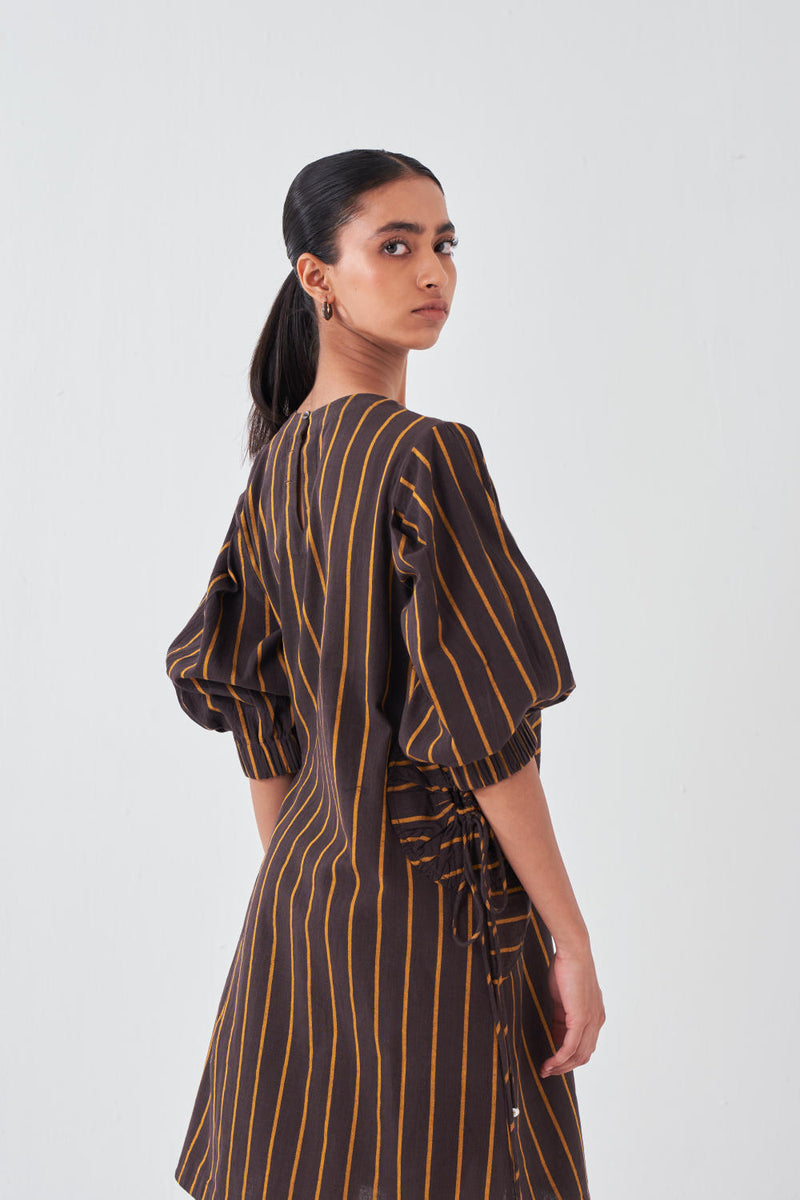 MULTI-DRAWSTRING SHORT DRESS-CHARCOAL STRIPE cotton by THREE for women in Singapore