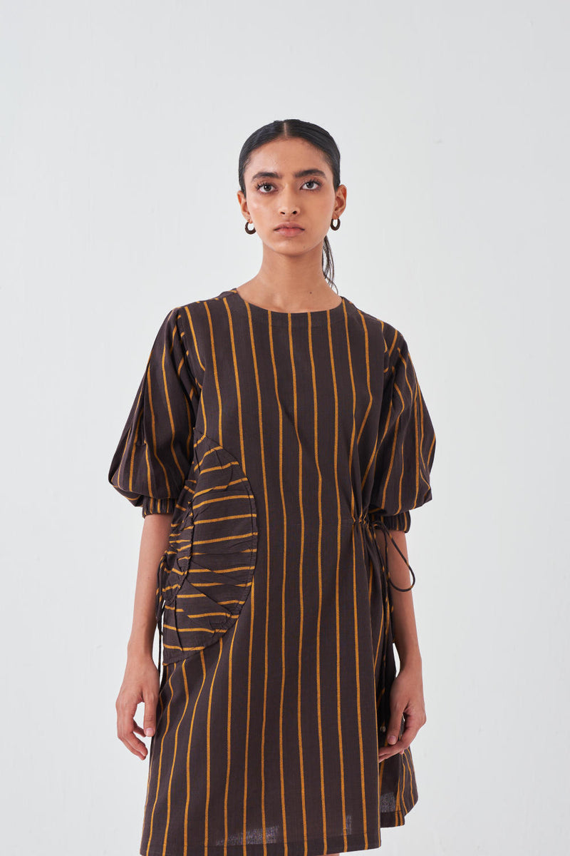 MULTI-DRAWSTRING SHORT DRESS-CHARCOAL STRIPE cotton by THREE for women in Singapore