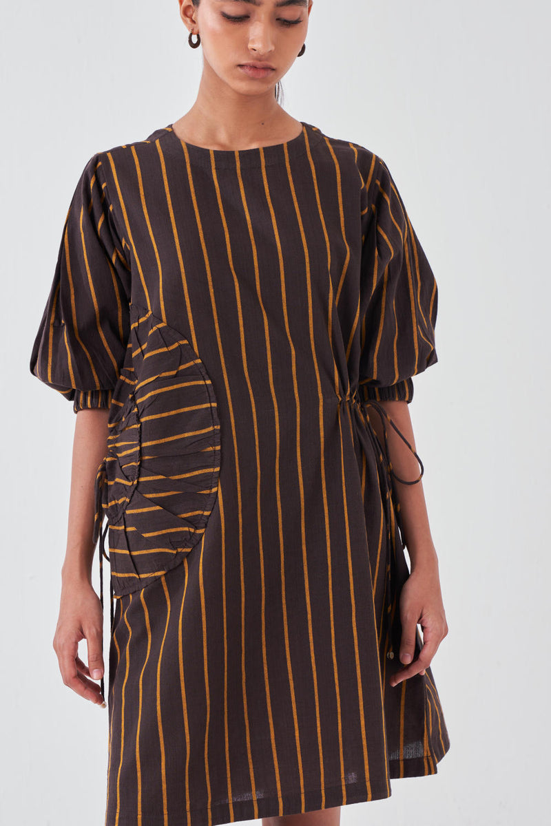 MULTI-DRAWSTRING SHORT DRESS-CHARCOAL STRIPE cotton by THREE for women in Singapore