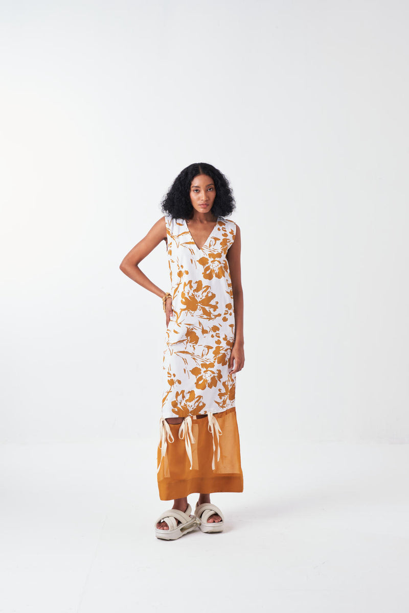 SELF TIE DRESS -MUSTARD FLORAL poplin by THREE for women in Singapore