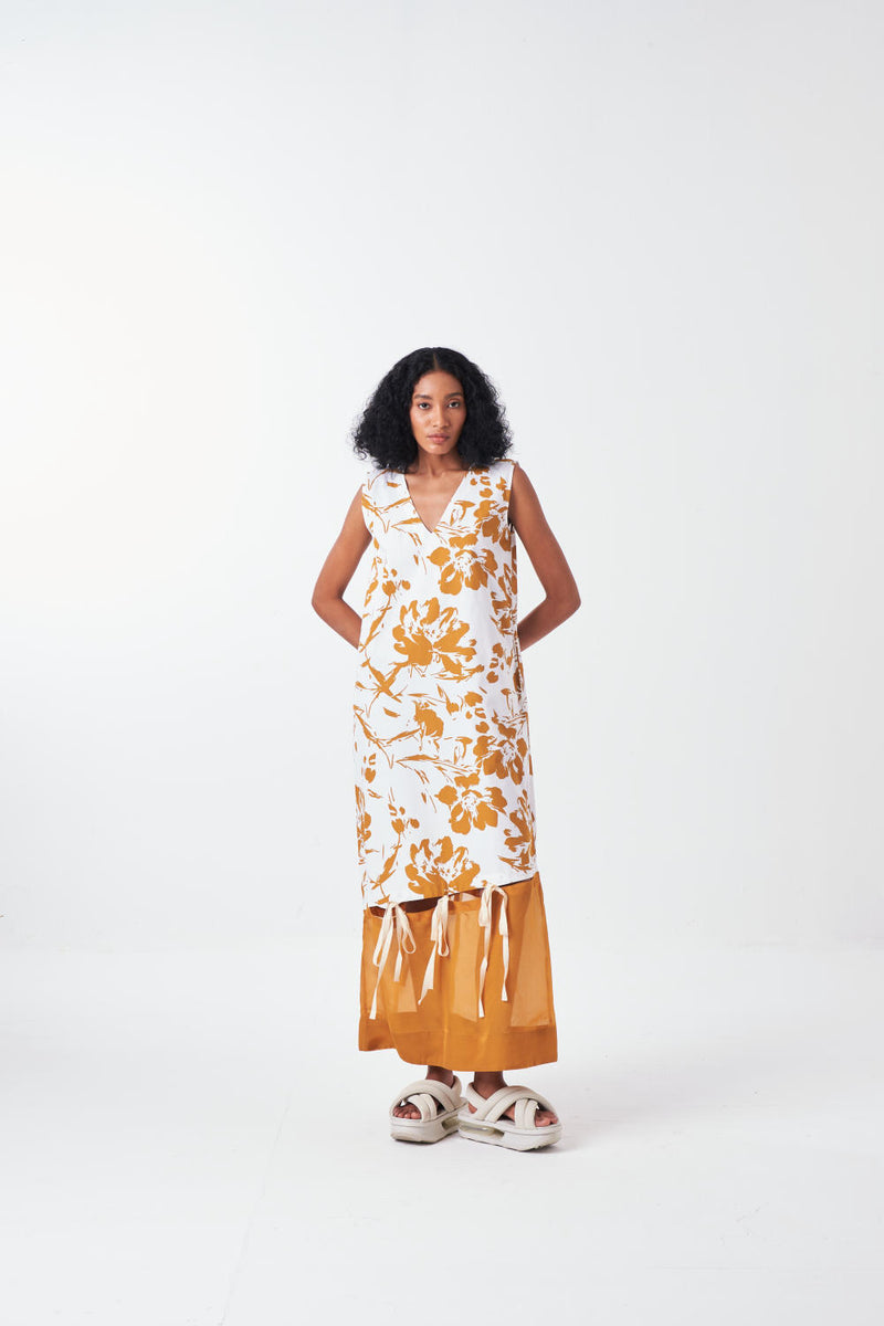 SELF TIE DRESS -MUSTARD FLORAL poplin by THREE for women in Singapore