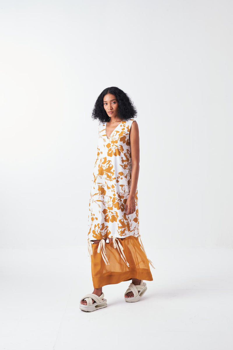 SELF TIE DRESS -MUSTARD FLORAL poplin by THREE for women in Singapore