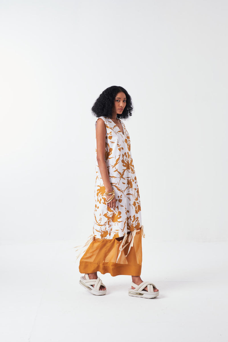 SELF TIE DRESS -MUSTARD FLORAL poplin by THREE for women in Singapore