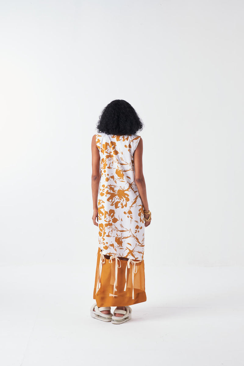 SELF TIE DRESS -MUSTARD FLORAL poplin by THREE for women in Singapore