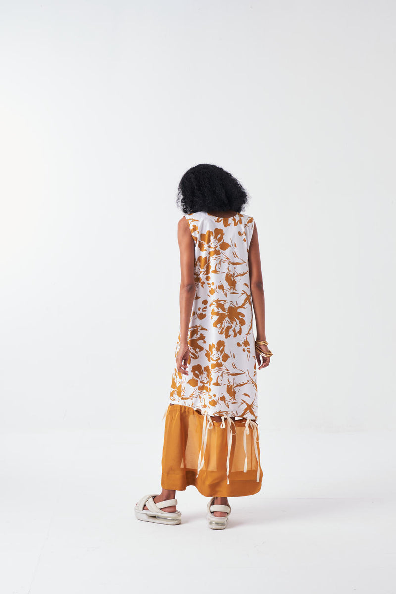 SELF TIE DRESS -MUSTARD FLORAL poplin by THREE for women in Singapore