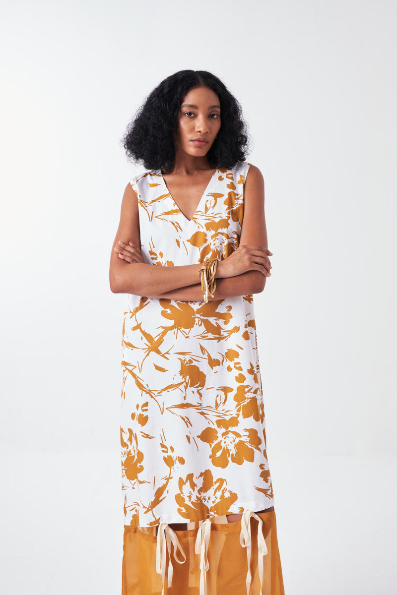 SELF TIE DRESS -MUSTARD FLORAL poplin by THREE for women in Singapore