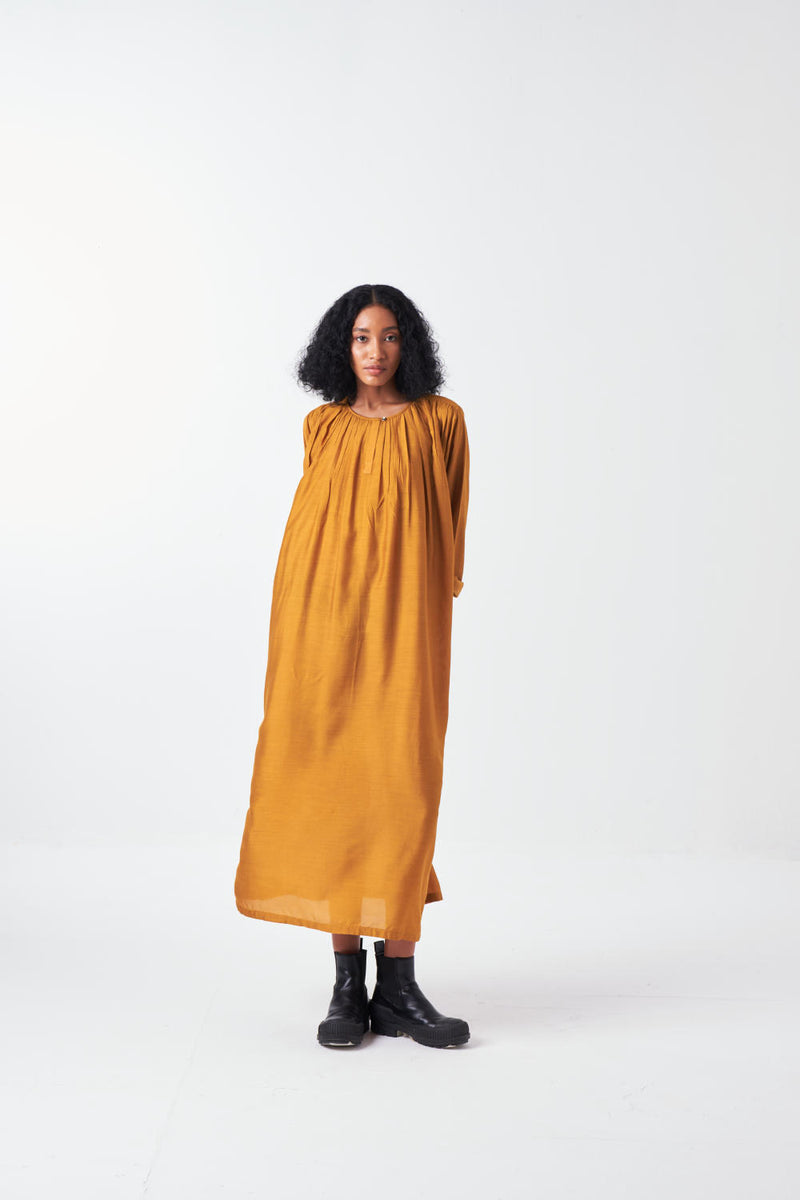 GATHER NECK DRESS-MUSTARD bemberg by THREE for women in Singapore