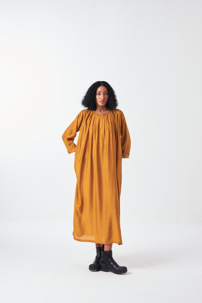 GATHER NECK DRESS-MUSTARD bemberg by THREE for women in Singapore