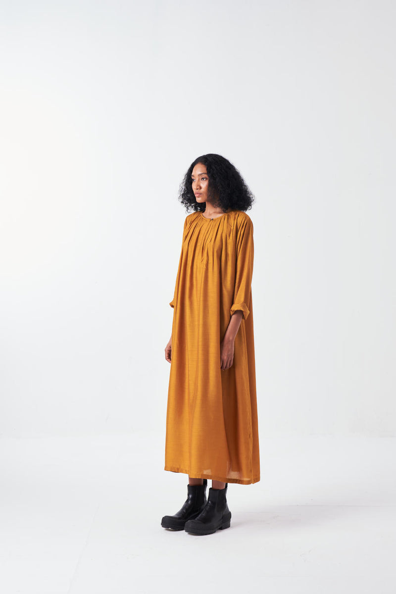GATHER NECK DRESS-MUSTARD bemberg by THREE for women in Singapore