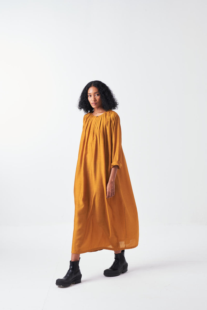 GATHER NECK DRESS-MUSTARD bemberg by THREE for women in Singapore