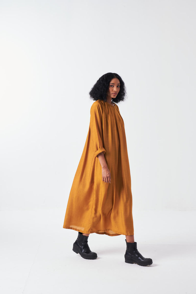 GATHER NECK DRESS-MUSTARD bemberg by THREE for women in Singapore