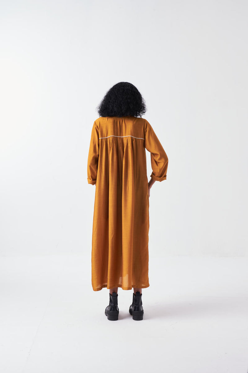 GATHER NECK DRESS-MUSTARD bemberg by THREE for women in Singapore