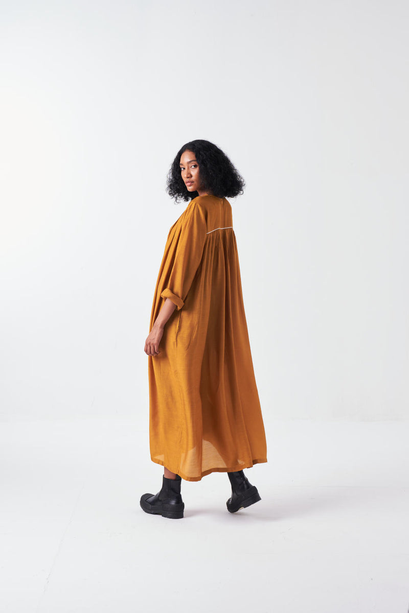 GATHER NECK DRESS-MUSTARD bemberg by THREE for women in Singapore