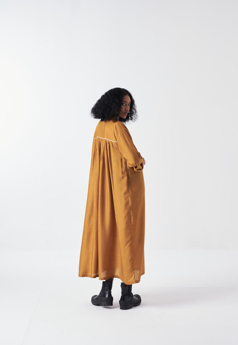 GATHER NECK DRESS-MUSTARD bemberg by THREE for women in Singapore