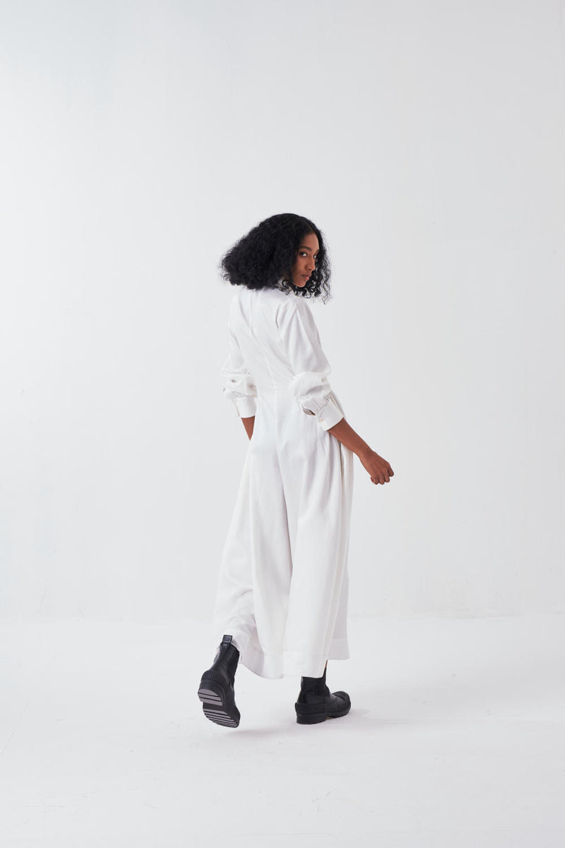 COLLARED SIDE ELASTIC WAIST JUMPSUIT-WHITE by THREE for women in Singapore