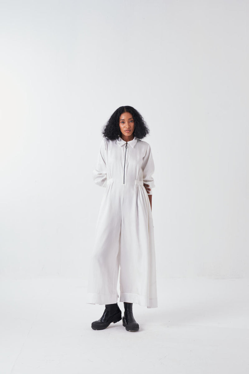 COLLARED SIDE ELASTIC WAIST JUMPSUIT-WHITE by THREE for women in Singapore