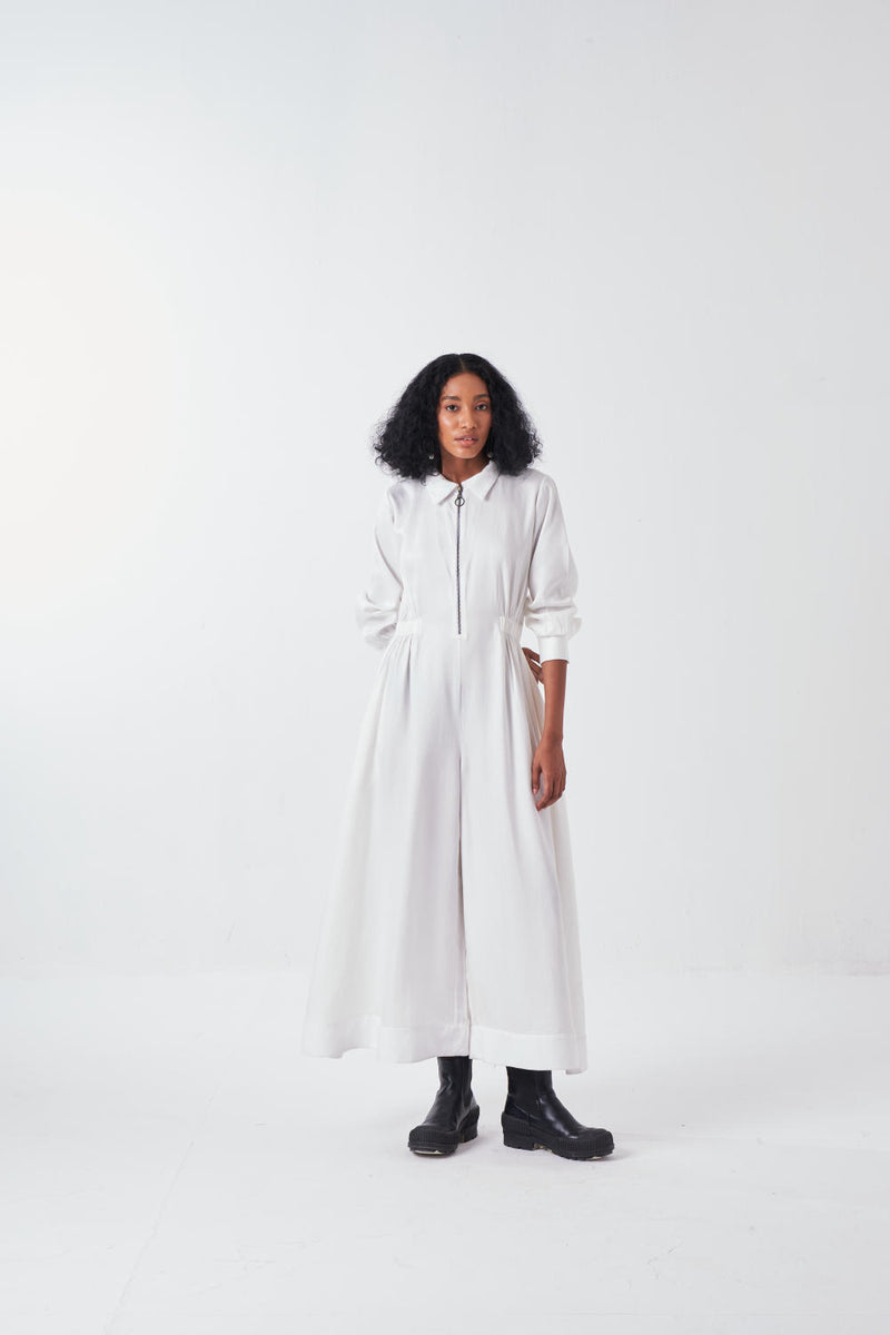 COLLARED SIDE ELASTIC WAIST JUMPSUIT-WHITE by THREE for women in Singapore