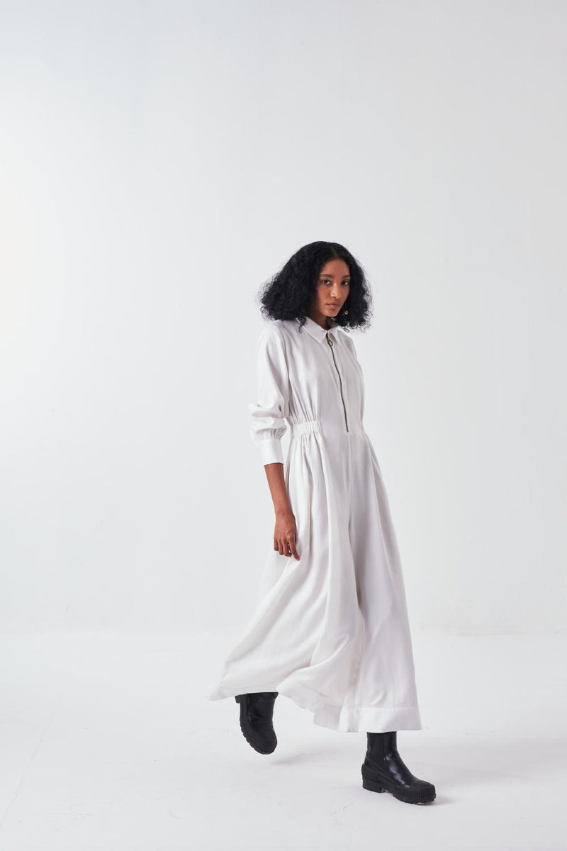 COLLARED SIDE ELASTIC WAIST JUMPSUIT-WHITE by THREE for women in Singapore