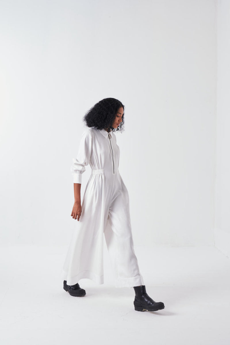 COLLARED SIDE ELASTIC WAIST JUMPSUIT-WHITE by THREE for women in Singapore