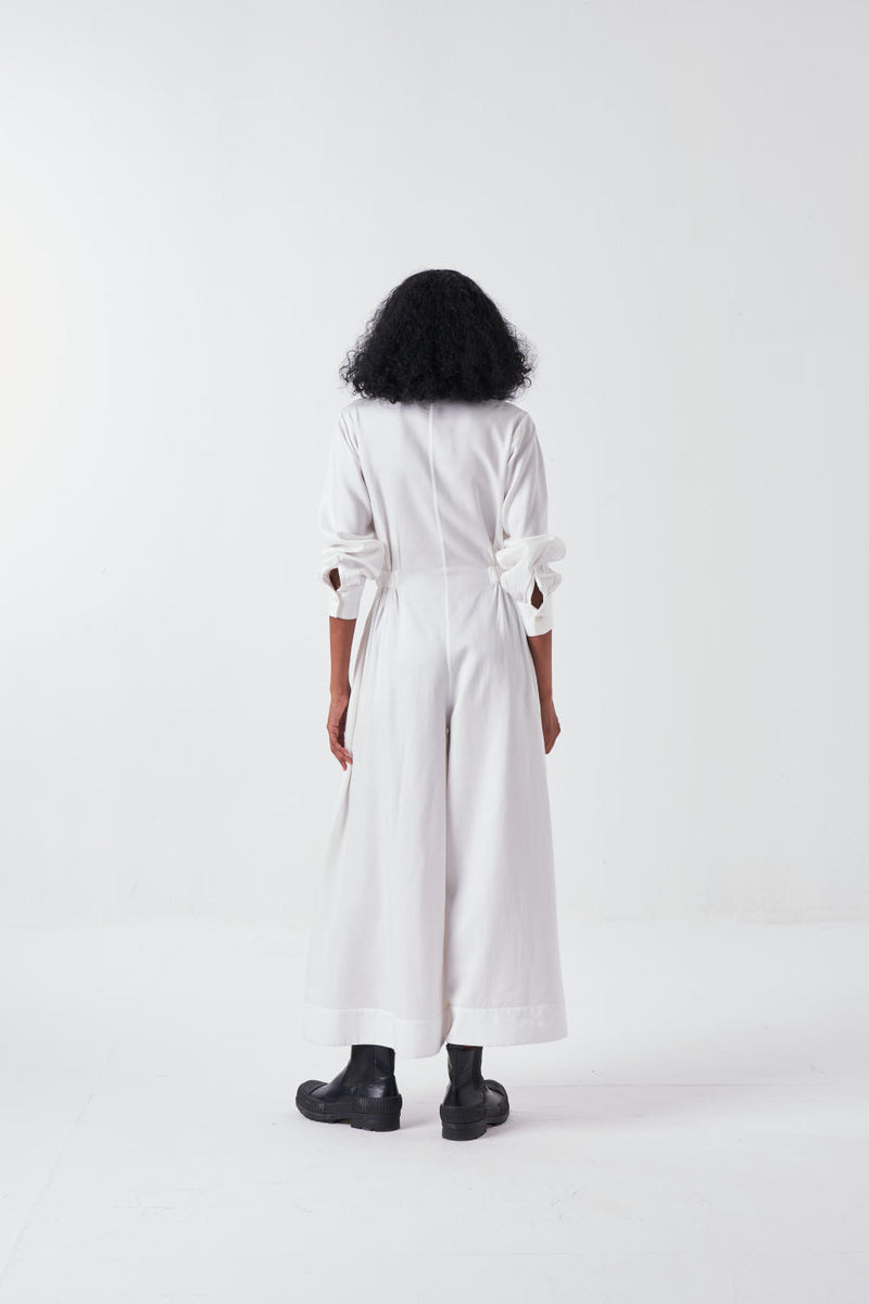 COLLARED SIDE ELASTIC WAIST JUMPSUIT-WHITE by THREE for women in Singapore
