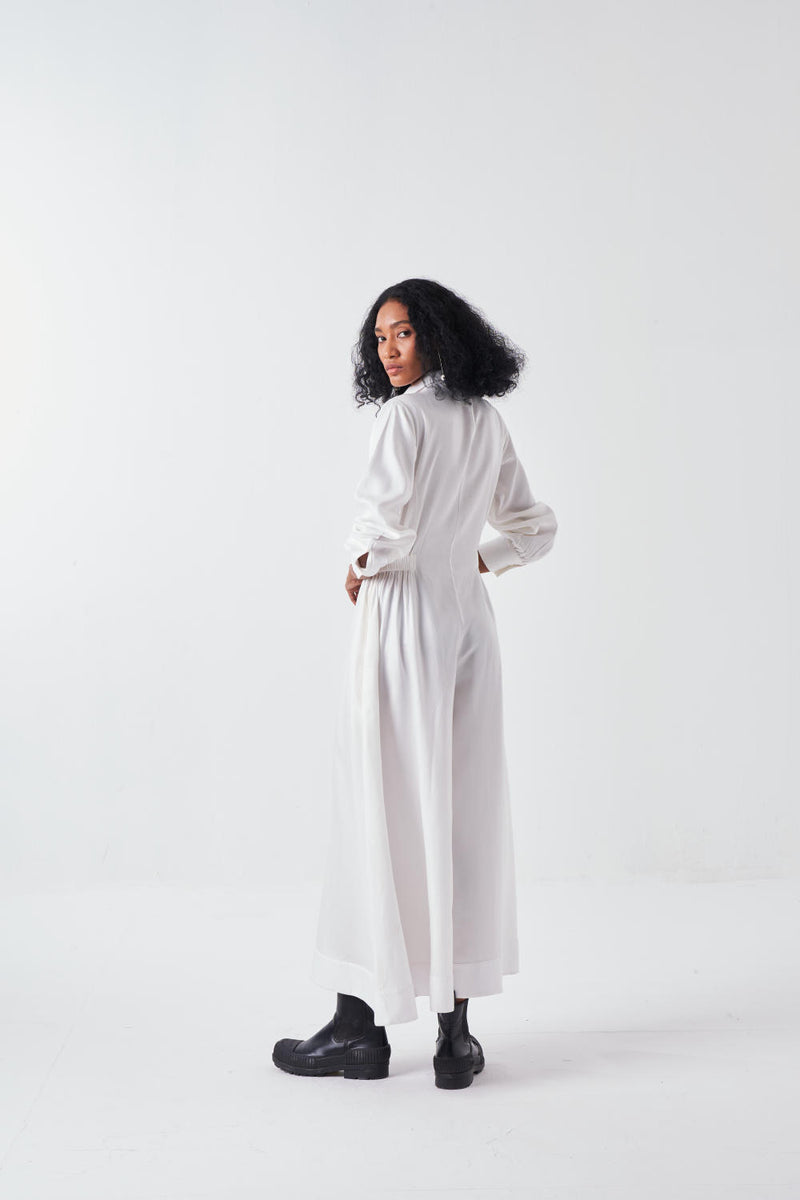COLLARED SIDE ELASTIC WAIST JUMPSUIT-WHITE by THREE for women in Singapore