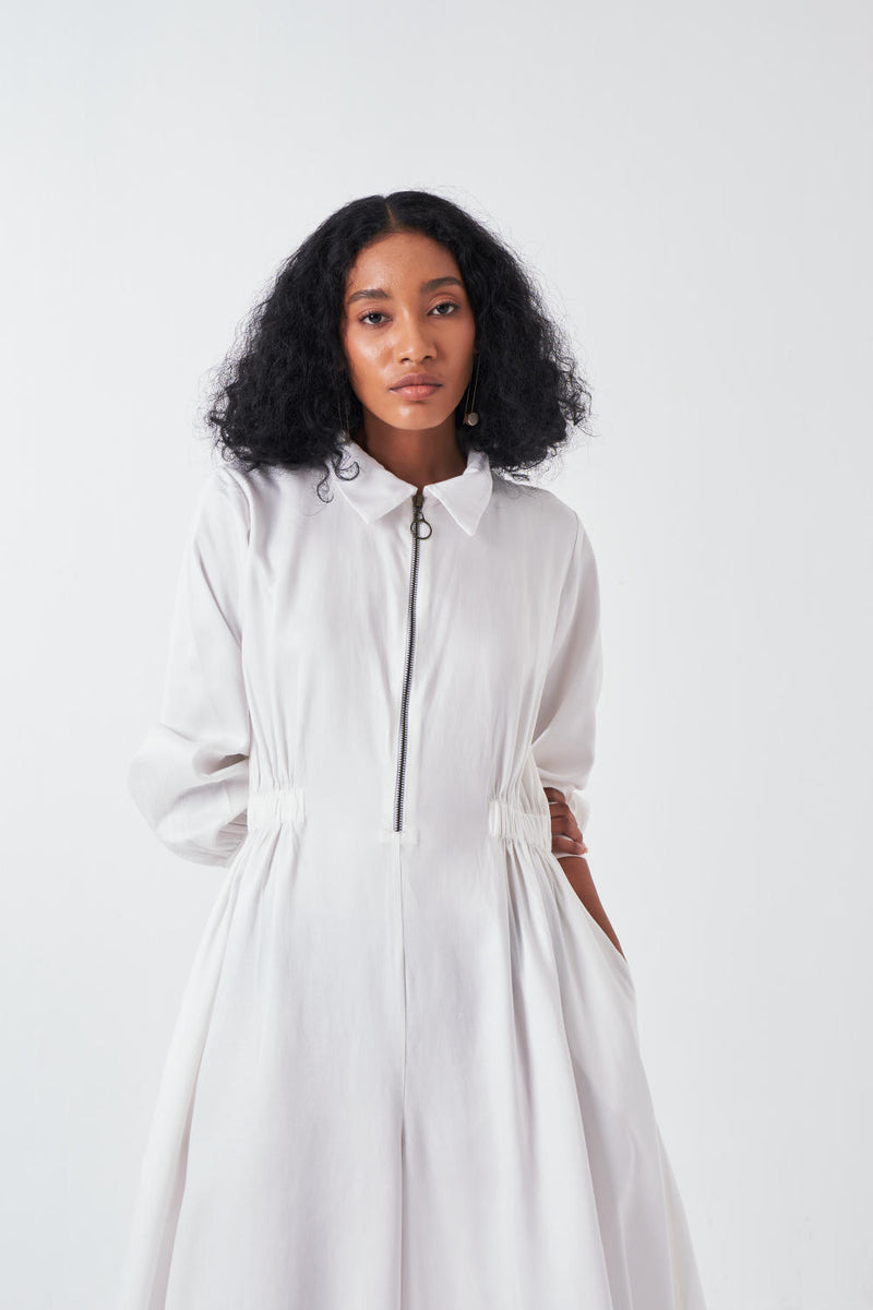 COLLARED SIDE ELASTIC WAIST JUMPSUIT-WHITE by THREE for women in Singapore