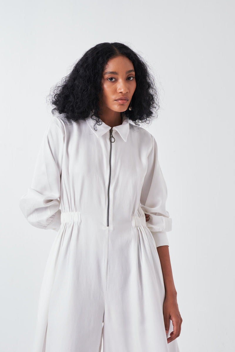 COLLARED SIDE ELASTIC WAIST JUMPSUIT-WHITE by THREE for women in Singapore